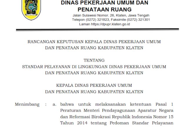 Rancangan Standar Pelayanan DPUPR Kabupaten Klaten Tahun 2026