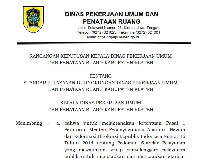 Rancangan Standar Pelayanan DPUPR Kabupaten Klaten Tahun 2026